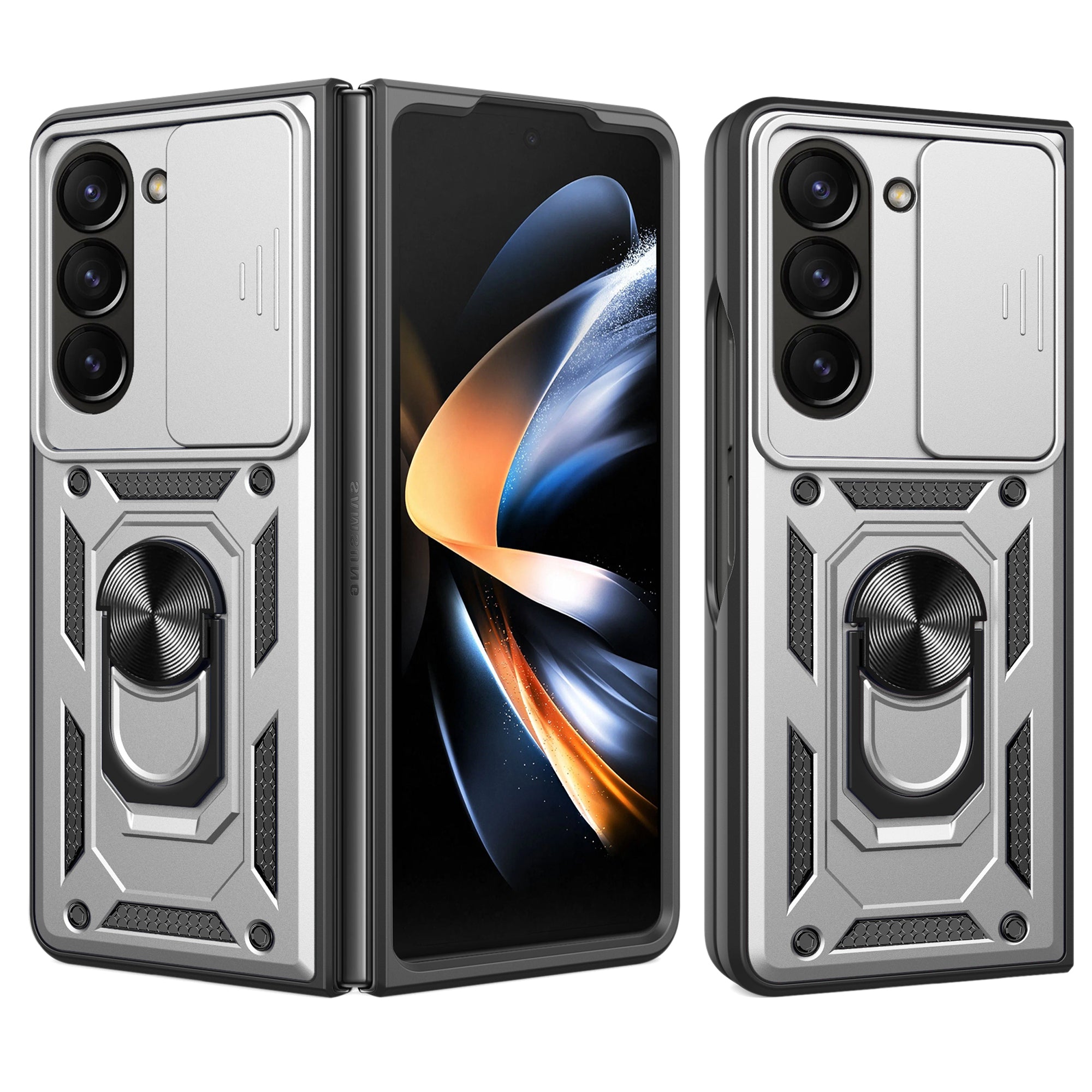 Uniqkart for Samsung Galaxy Z Fold5 5G Kickstand Phone Cover PC+TPU Case with Slide Lens Protector - Silver Uniqkart for Samsung Galaxy Z Fold5 5G Kickstand Phone Cover PC+TPU Case with Slide Lens Protector - Silver